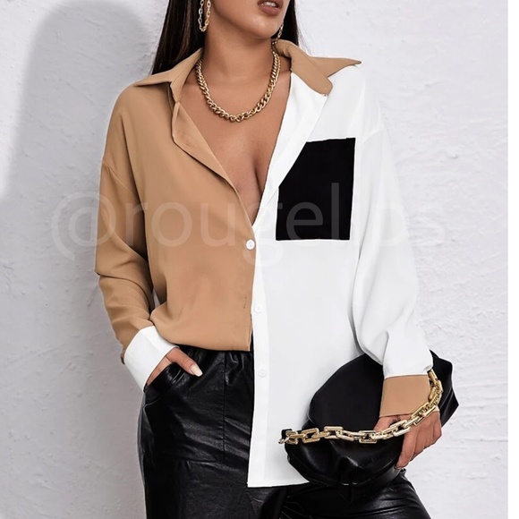 Drop Shoulder Oversized Colorblock Button Down Shirt White Tan Black - Picture 1 of 8